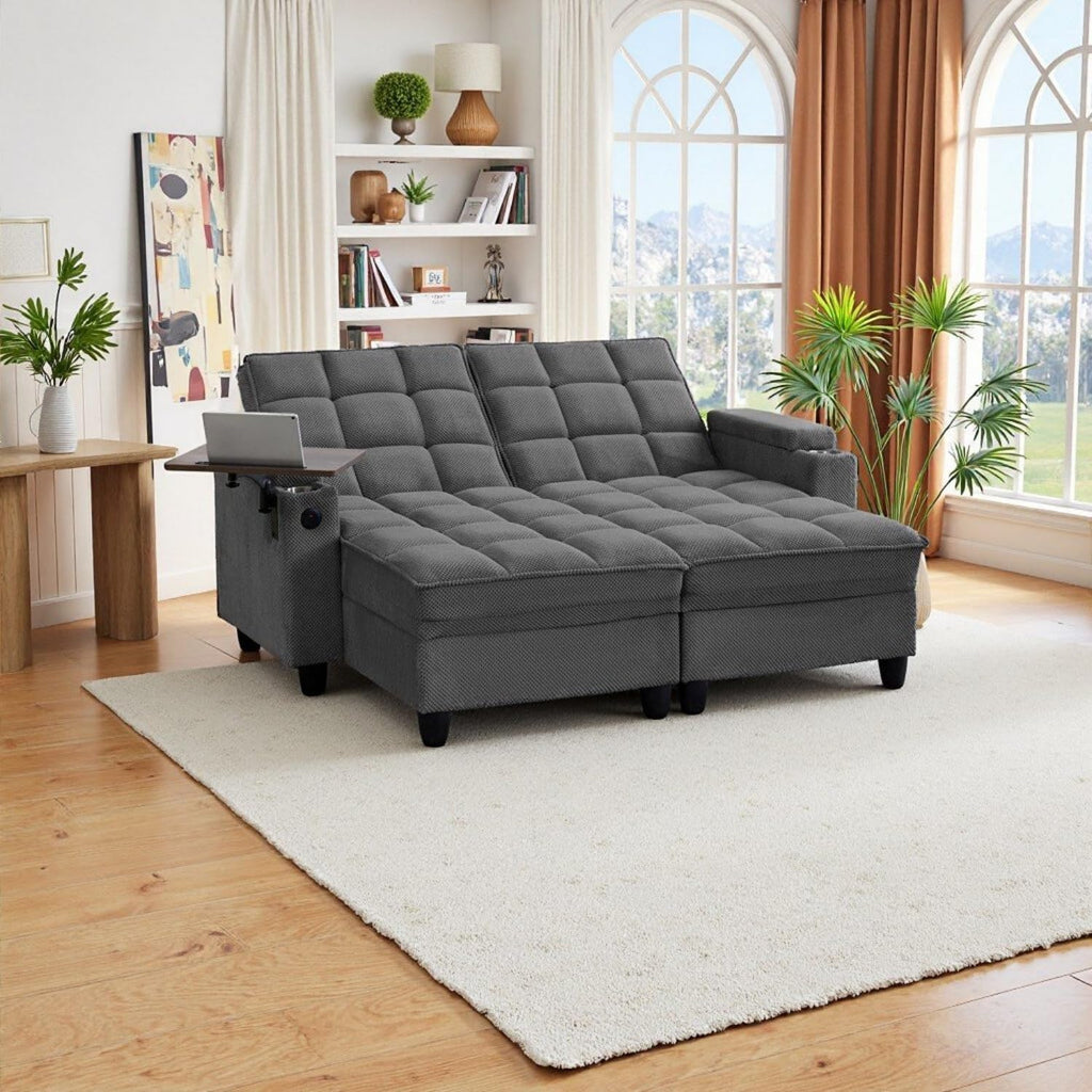 70.9'' Double Chaise Lounge with 360 degree rotatable side table, Comfy Corduroy Indoor Lounge Chair with Armrest Storage, Cup Holder, USB Port, and Pillow for Living Room or Bedroom (dark gray)