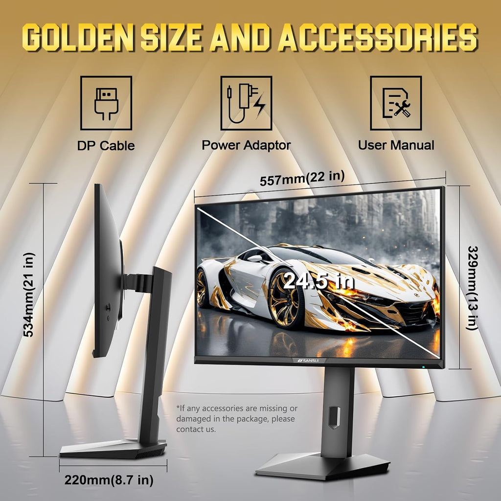 SANSUI 24.5 Inch Gaming Monitor QHD 1440P 300Hz 240Hz, 1ms Fast IPS Computer Monitor, 2× HDMI 2.1 Up to 300Hz, 2× DP 1.4 Up to 300Hz, 130% sRGB Eye Care VESA Support (DP Cable Included ES-G25F6Q Pro)