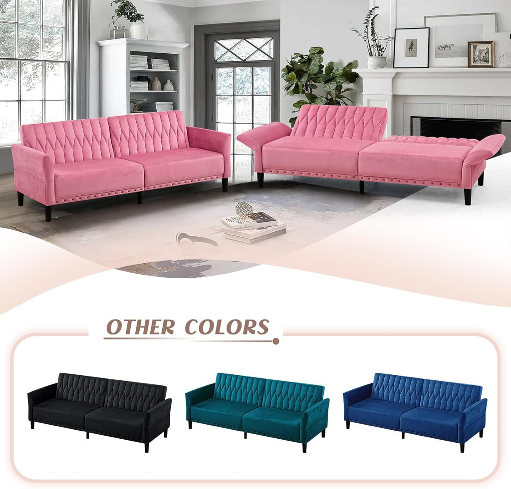 77' Velvet Sofa Bed with Adjustable Armrests and Backrests,Tufted Convertible Futon Couch with Nailhead Trim, Loveseat Modern Velvet Sleeper Sofa for Living Room,Bedroom,Office,Pink