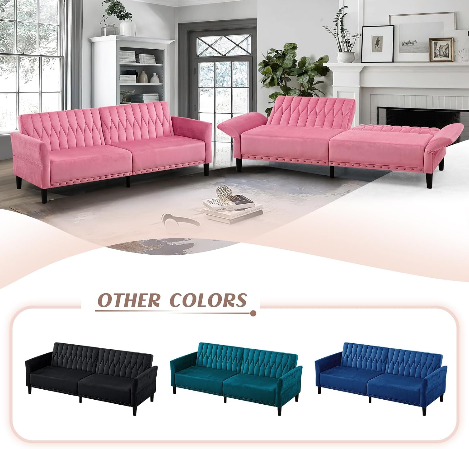 77' Velvet Sofa Bed with Adjustable Armrests and Backrests,Tufted Convertible Futon Couch with Nailhead Trim, Loveseat Modern Velvet Sleeper Sofa for Living Room,Bedroom,Office,Pink