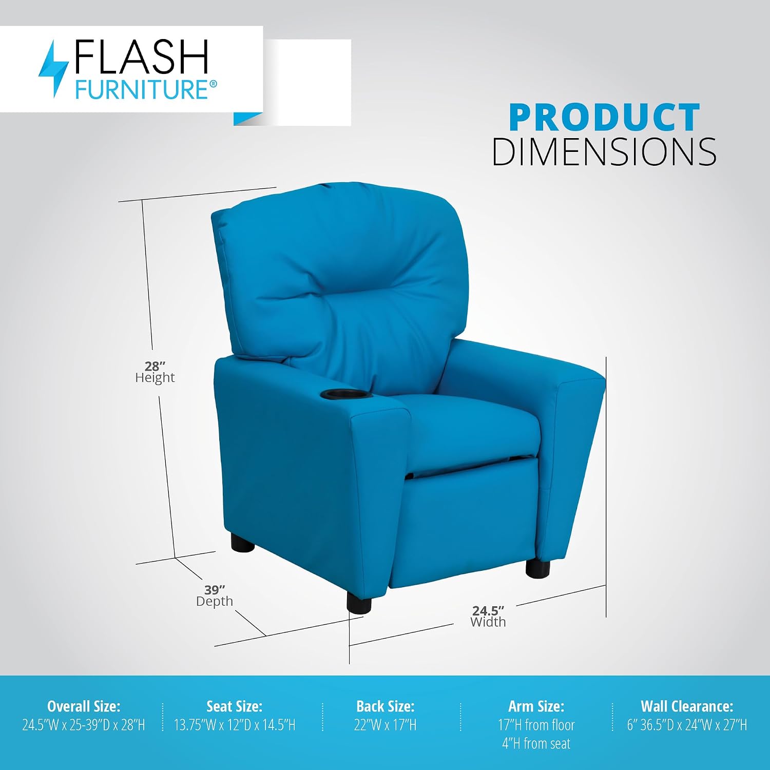 Flash Furniture Chandler Vinyl Kids Recliner with Cup Holder and Safety Recline, Contemporary Reclining Chair for Kids, Supports up to 90 lbs., Turquoise