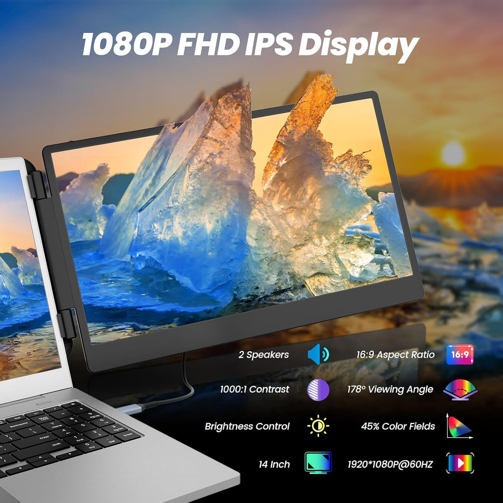 domyfan 14' Laptop Screen Extender, FHD 1080P IPS Triple Portable Monitor for Laptop, HDMI/USB-A/Type-C for Windows, Mac, Android, Chrome, Switch & PS5, Work with 13.3'-17' Laptops