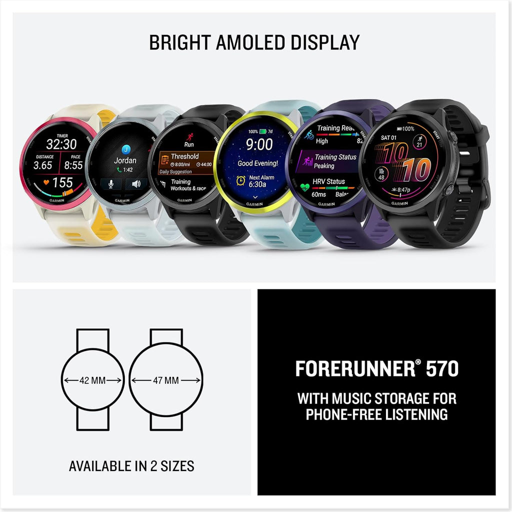 Garmin® Forerunner® 570, 47mm, Advanced GPS Running and Triathlon Smartwatch, AMOLED Display, Training and Recovery Features, Slate Gray Aluminum with Translucent Black/Black Band