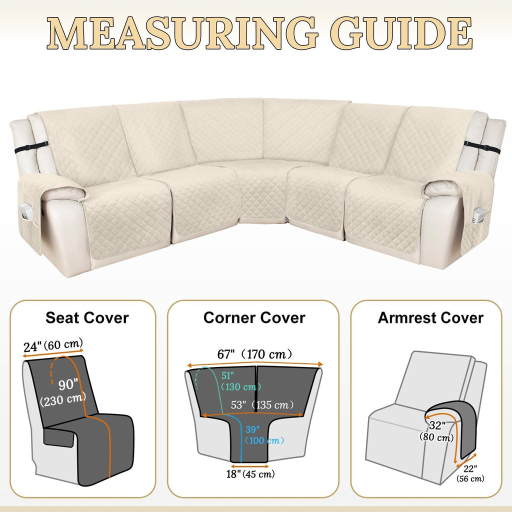 HDCAXKJ 100% Waterproof Velvet Recliner Sectional Couch Covers L Shaped Corner Reclining Sofa Cover Washable Thick Non Slip Sectional Slipcover with Pockets (5 Seat Recliner Couch, Beige)