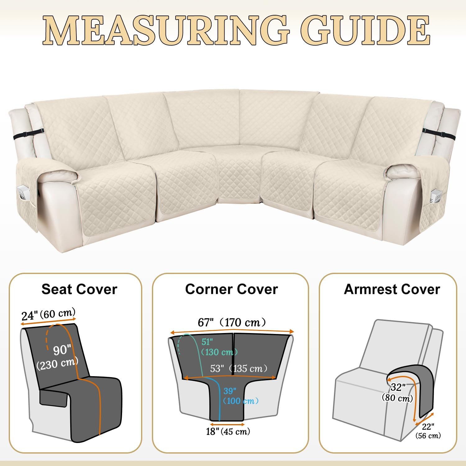 HDCAXKJ 100% Waterproof Velvet Recliner Sectional Couch Covers L Shaped Corner Reclining Sofa Cover Washable Thick Non Slip Sectional Slipcover with Pockets (5 Seat Recliner Couch, Beige)