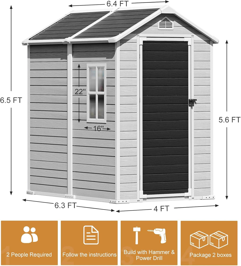 Restland 4x6 FT Resin Storage Shed with Floor Outdoor Waterproof Plastic Shed with Window & Lockable Door Large Tool Garden Sheds for Backyard, Poolside, Patio