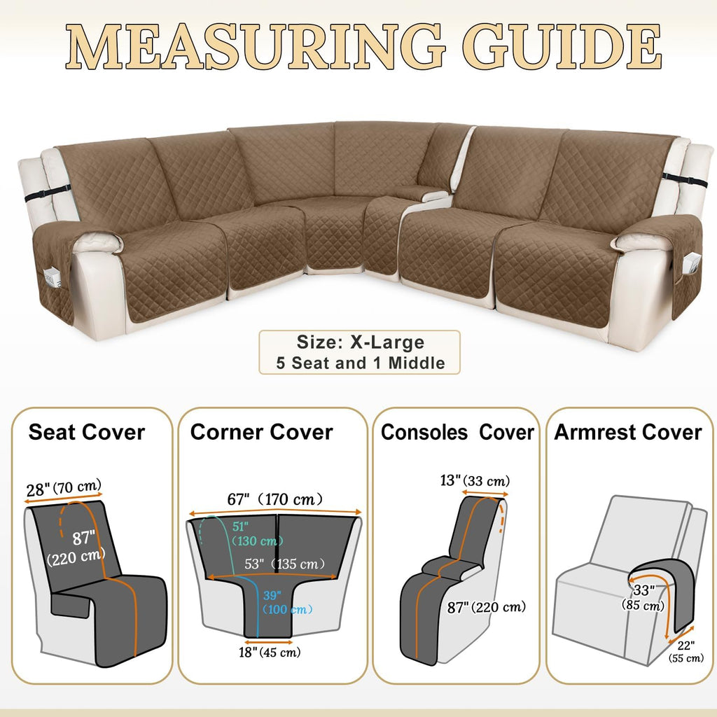 HDCAXKJ 100% Waterproof Recliner Sectional Couch Covers X-Large L Shaped Corner Reclining Sofa Cover Thick Non Slip Sectional Slipcover with Pockets (XL 5 Seat and 1 Middle Console, Light Brown)
