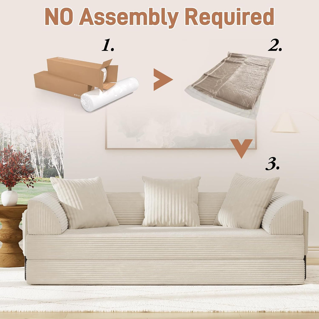 Folding Convertible Sofa Bed with 3 Pillows, 79 ' Corduroy Boneless Couch with Armrest Pockets, Lounge Loveseat Sleeper with Pull Out Bed, Memory Foam Compressed Sofa for Living Room Bedroom, Beige