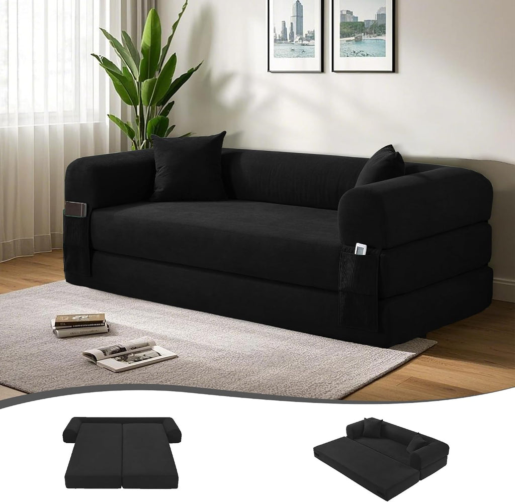 80' Convertible Sofa Bed, 3-in-1 Corduroy Folding Pull Out Couch with Pillows, No Assembly Modern Boneless Couch Compression Sofa in Box, Floor Sofa with Side Storage for Living Room,Black