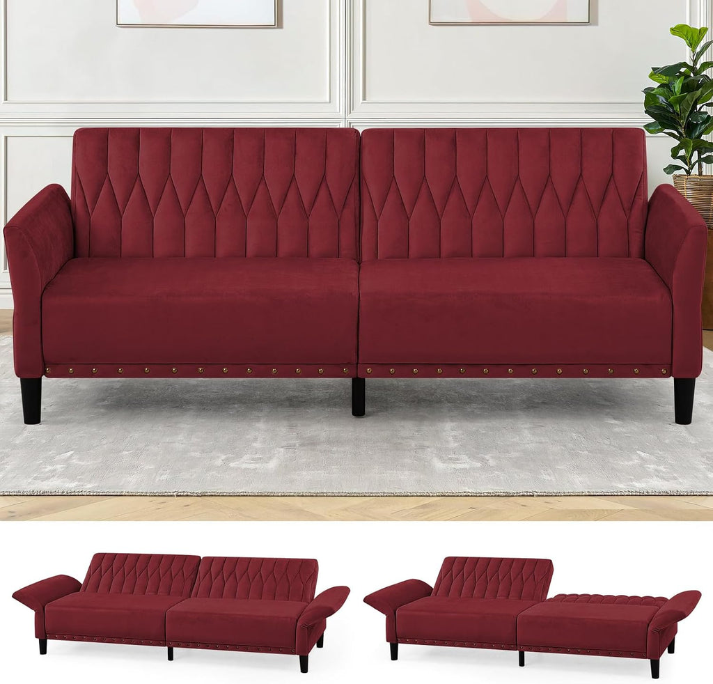 77' Velvet Sofa Bed with Adjustable Armrests and Backrests,Tufted Convertible Futon Couch with Nailhead Trim, Loveseat Modern Velvet Sleeper Sofa for Living Room,Bedroom,Office, Red