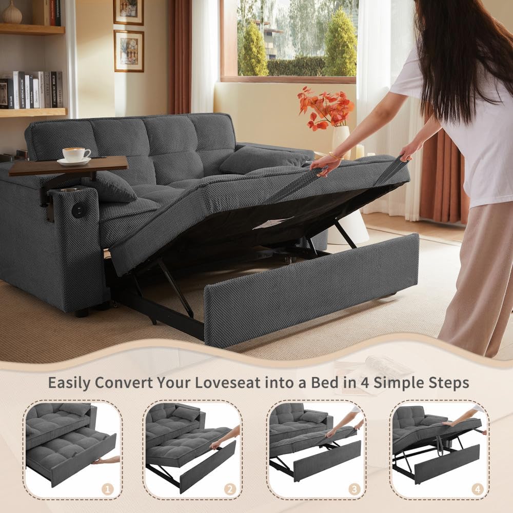 Auvsoce 65'' Convertible Sleeper Sofa Bed with Adjustable Backrest, Chaise Lounge, Side Table & USB/Type-C Ports – Stylish & Functional Addition to Any Living Room (Dark Grey Sofa Bed)