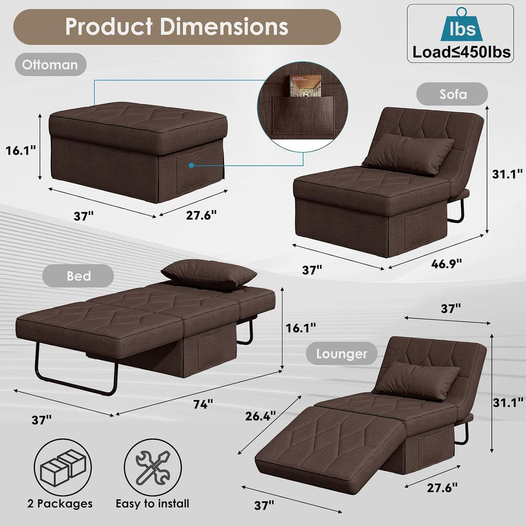 Ottoman Bed with 5-Level Adjustable Backrest, 74' D x 37' W 4-in-1 Convertible Sleeper Chair Bed, Folding Sofa Bed for Living Room, Apartment, Dorm & Small Space, Dark Brown