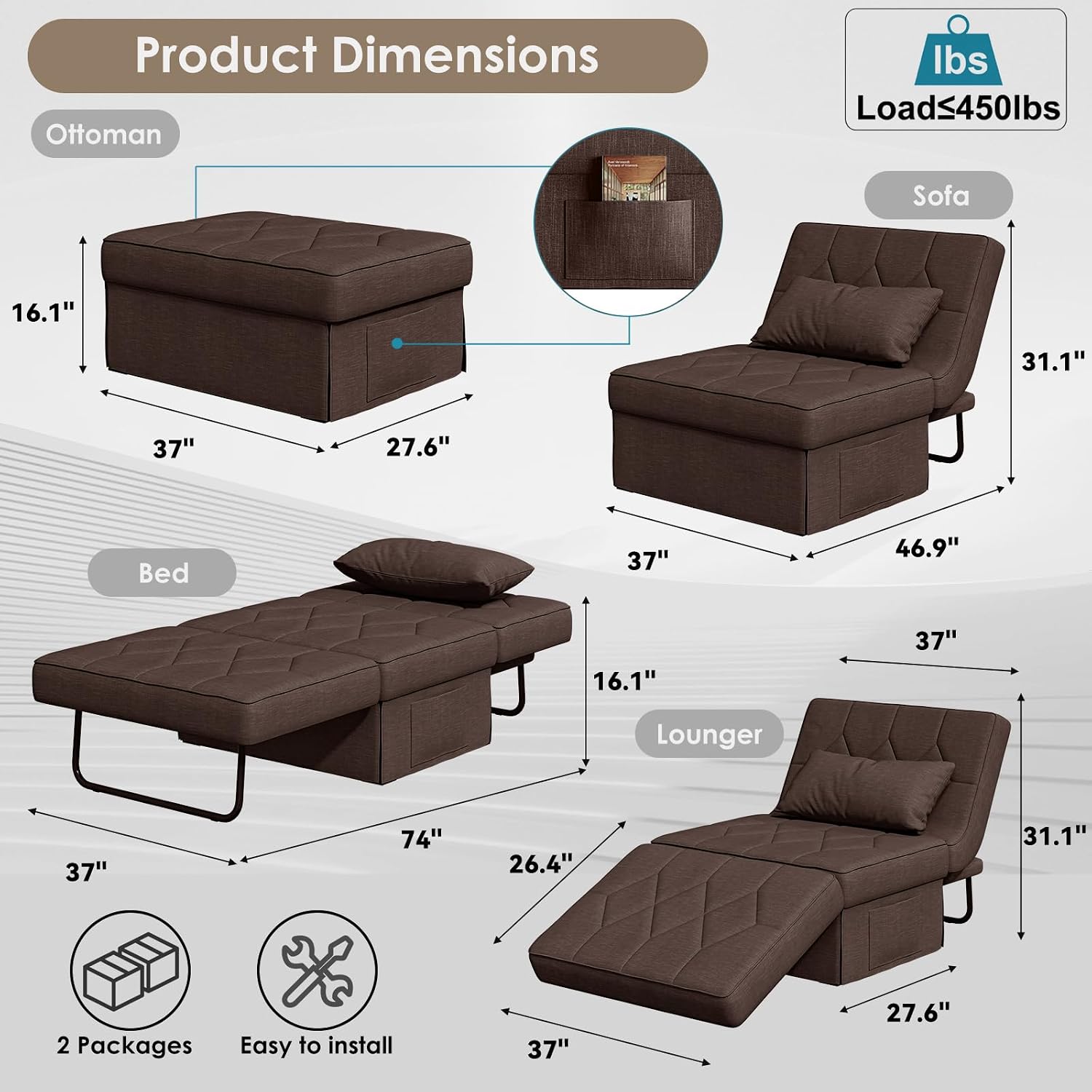 Ottoman Bed with 5-Level Adjustable Backrest, 74' D x 37' W 4-in-1 Convertible Sleeper Chair Bed, Folding Sofa Bed for Living Room, Apartment, Dorm & Small Space, Dark Brown