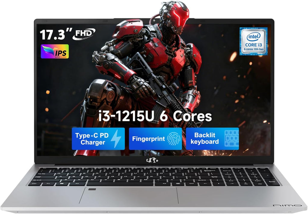 NIMO 17.3' IPS FHD-Laptop, Intel 6 Core I3-1215U 16GB RAM 512GB SSD (Beat R5 7520U, Up to 4.4GHz) Student Computer with 65W Type C Backlit Keyboard Fingerprint Wi-Fi 6, for Home and Business