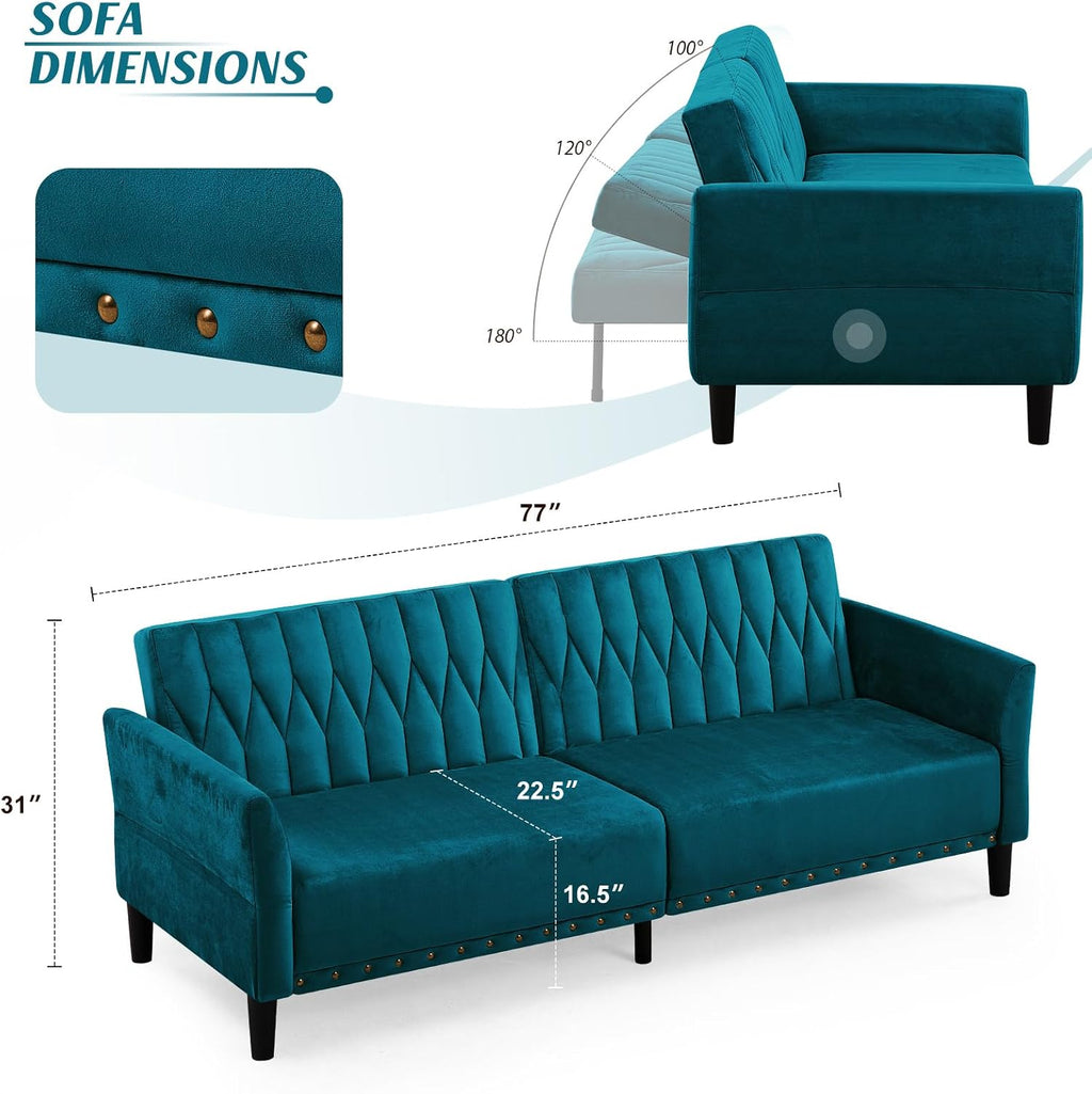 77 Inches Velvet Tufted Sofa Bed w/Adjustable Backrests & Armrests, Convertible Sleeper Sofa w/Nailhead Trim, Modern Loveseat Couch with Sturdy Legs for Living Room,Office,Teal