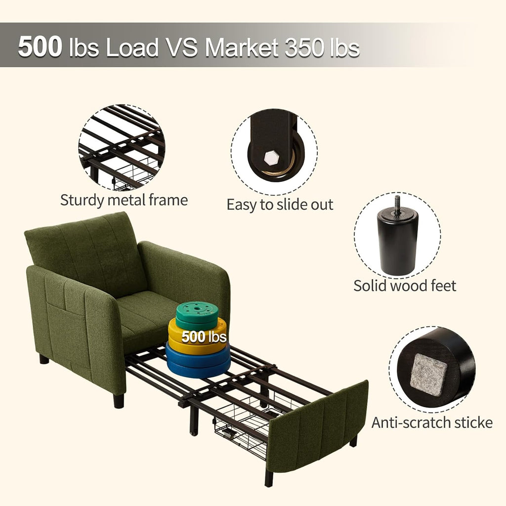 ZZW Sleeper Chair 84' Extra Long Convertible Chair Bed Upgraded 3-in-1 to 4-in-1 Pull Out Chair & Single Sofa Bed for Adult Sleeping Chair for Living Room Small Space (Modern Green)