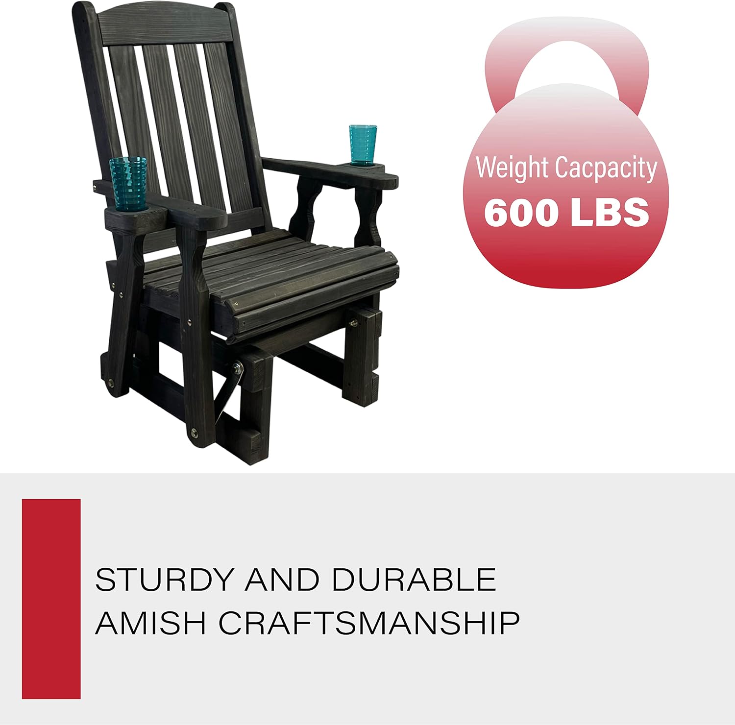 Amish Casual Heavy Duty 600 Lb Mission High Back Treated Glider Chair with Cupholders (Semi-Solid Black Stain)