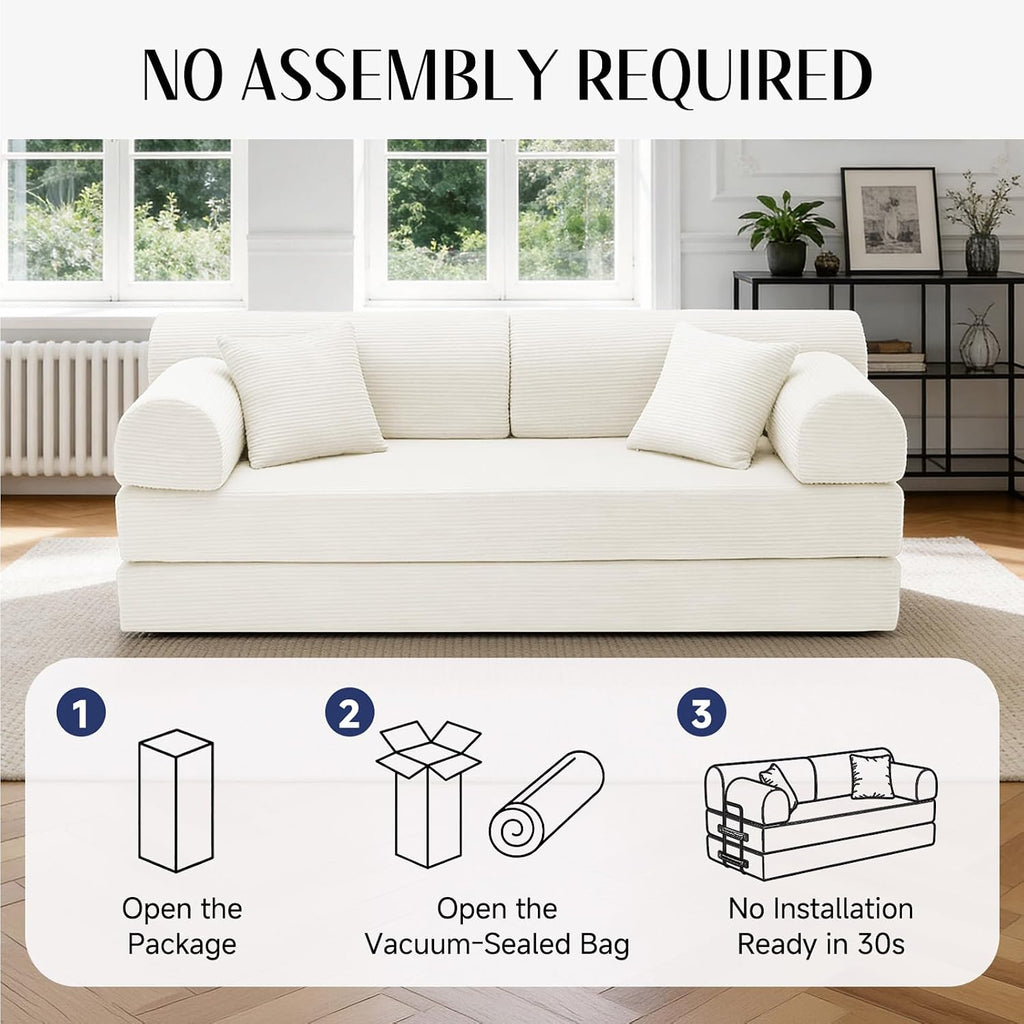 79'' Convertible Sofa Bed, 6 in 1 Folding Floor Futon Couch Sleeper with Fixed Frame, Corduroy Modular Sofa Bed with Removable Armrests & Pillows, No Assembly for Living Room Bedroom (Beige White)