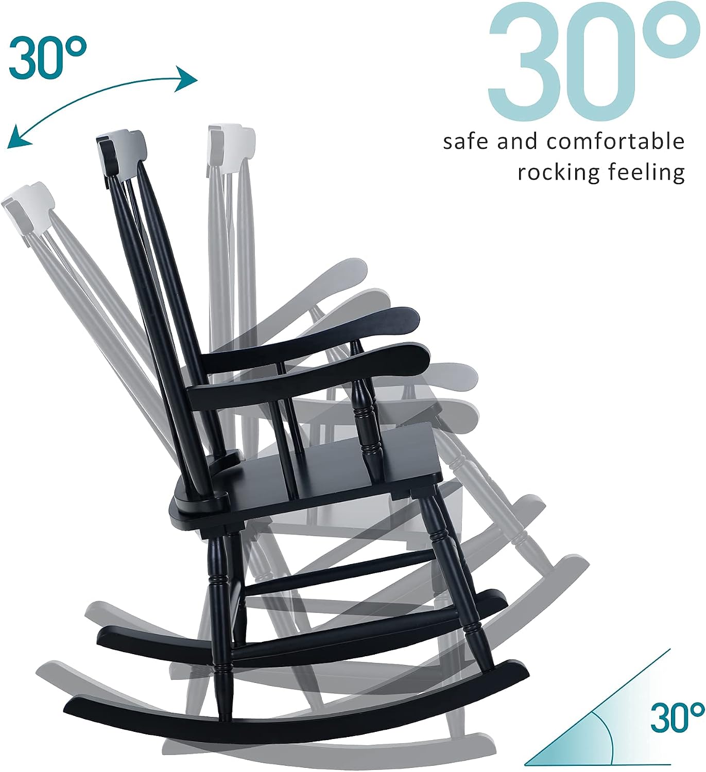 PHI VILLA Outdoor Wood Rocking Chair, Oversized Acacia Wood Slat Back Rocker Chairs for Patio, Deck, Balcony, Porch and Indoor, 30° Safe Recline Support 350 lbs - Black