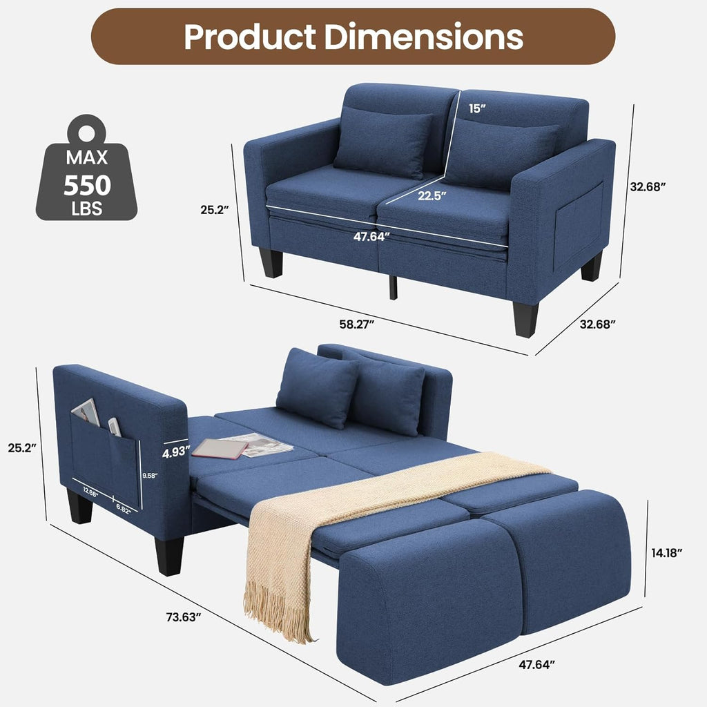 SEJOV 6-in-1 Convertible Sofa Bed, 58' Loveseat Sleeper Sofas with Pull Out Couch Bed, Removable Backrest, Storage Pockets and 2 Pillows, Modern Folding Linen Futon Couch for Small Spaces, Blue