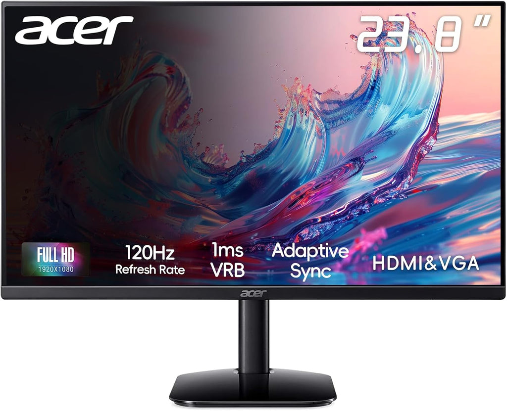 acer 23.8' FHD Office Monitor, 120Hz, Adjustable Tilt, AMD FreeSync, 1ms (VRB), Wall Mountable, IPS, ZeroFrame Design, HDMI & VGA - Black