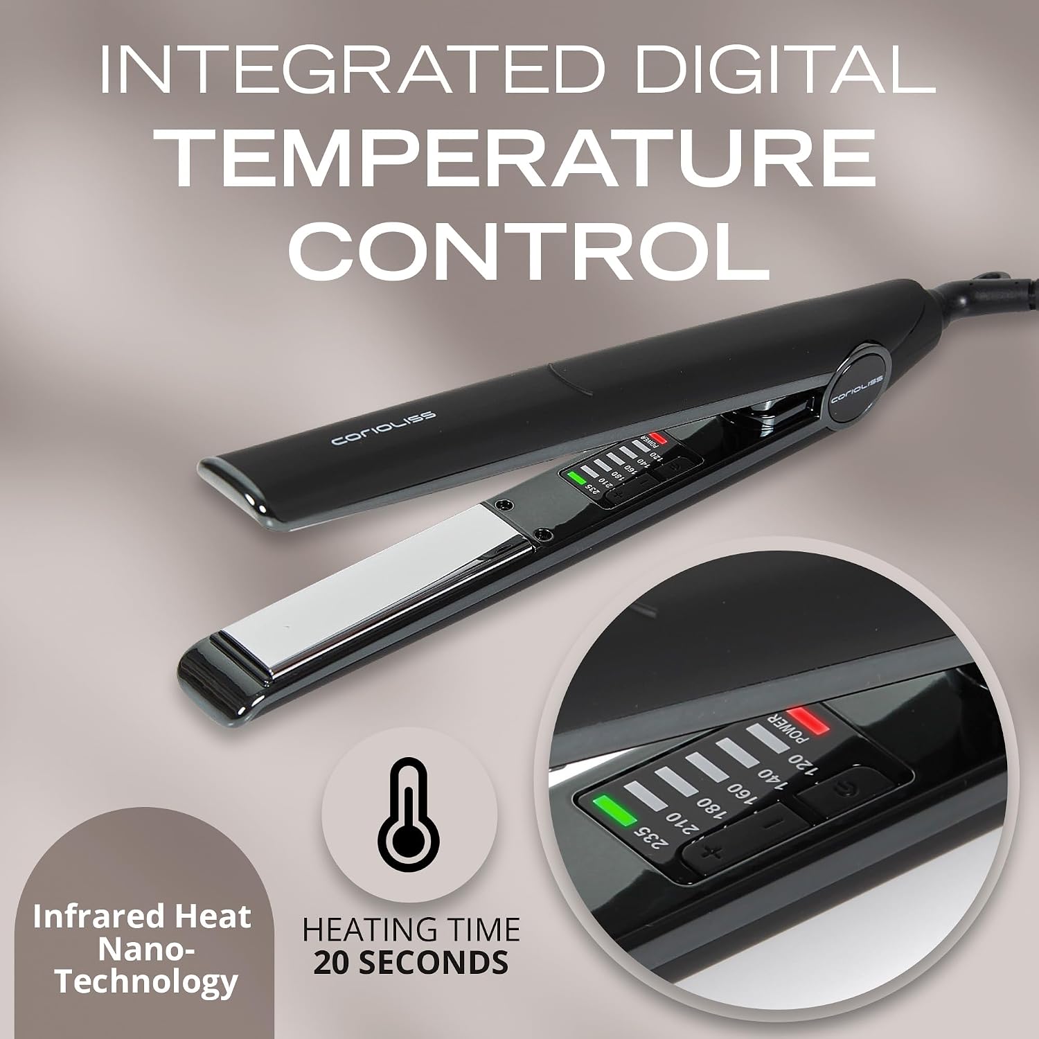 Corioliss C1 Flat Iron Hair Straightener Professional Titanium Plates Temperature Control Travel Case (Black Soft Touch Chrome)