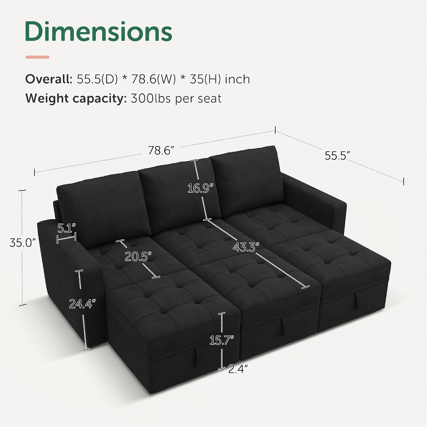 HONBAY Modular Sectional Couch Sleeper Sofa Bed with Storage Seats Oversized Sectional Couches for Living Room,Black