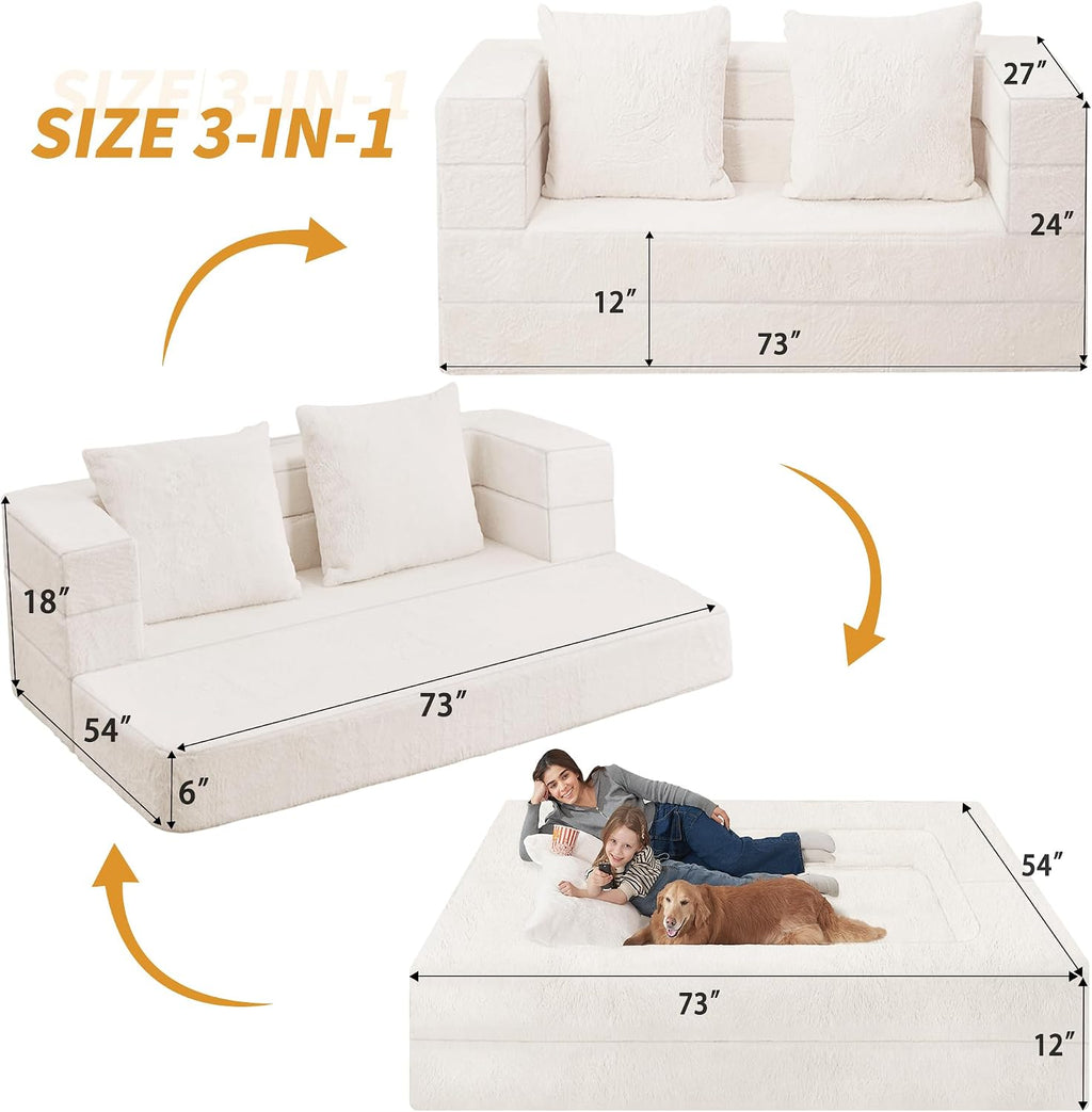 Futon Sofa Bed with Pillow, 3-in-1 Sleeper Sofa Bed with Removable Cover, Convertible Floor Sofa Bed, No Assembly Boneless Couch for Living Room, Bedroom
