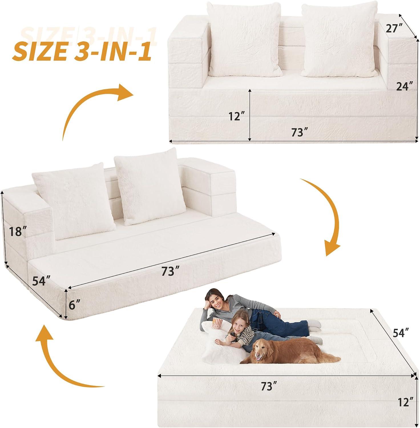 Futon Sofa Bed with Pillow, 3-in-1 Sleeper Sofa Bed with Removable Cover, Convertible Floor Sofa Bed, No Assembly Boneless Couch for Living Room, Bedroom