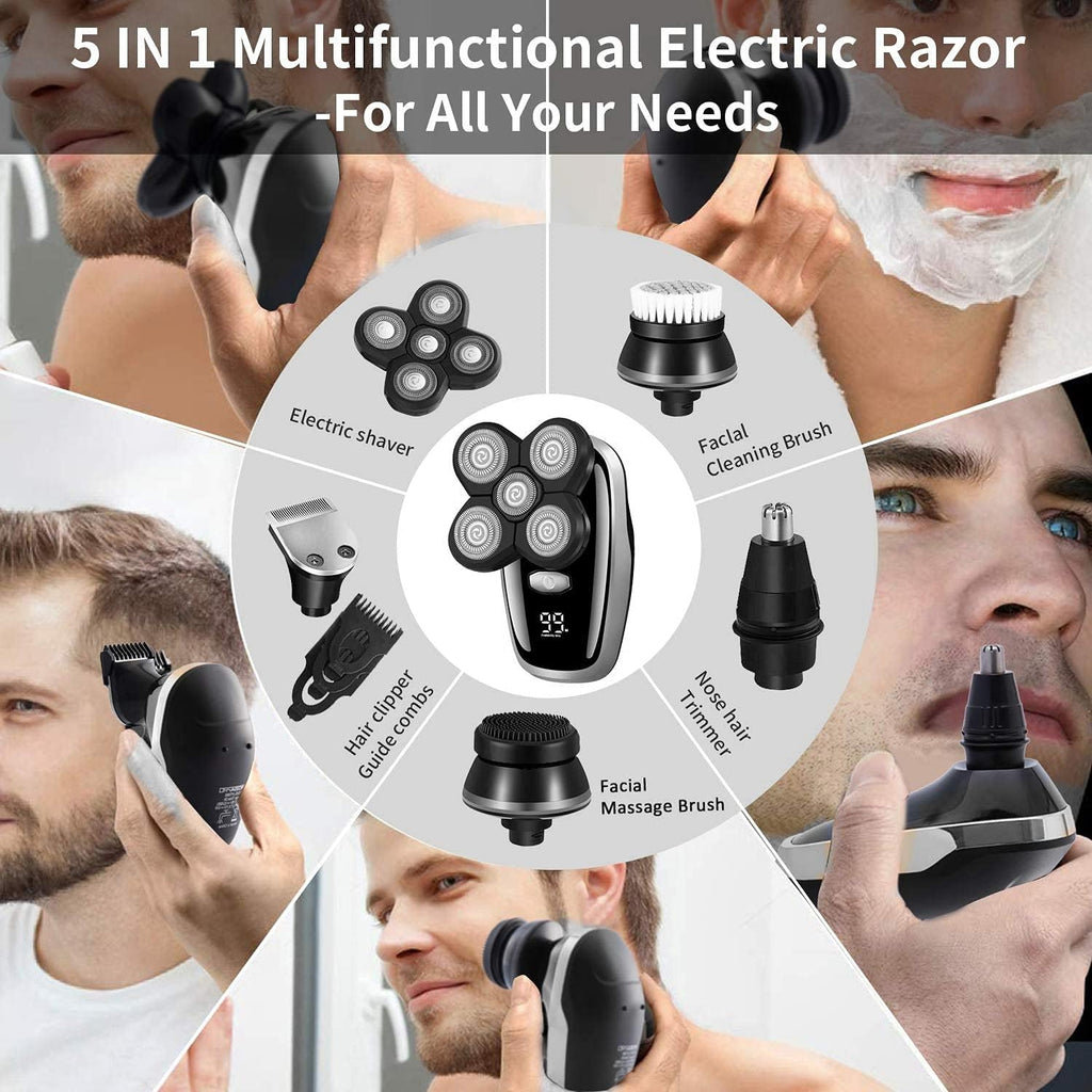 Electric Razor for Men, 5 In 1 Grooming Kits Electric Shaver Facial Body Electric Razor For Men Beard Wet Dry Rotary Shaving Machine Bald Rechargeable Set