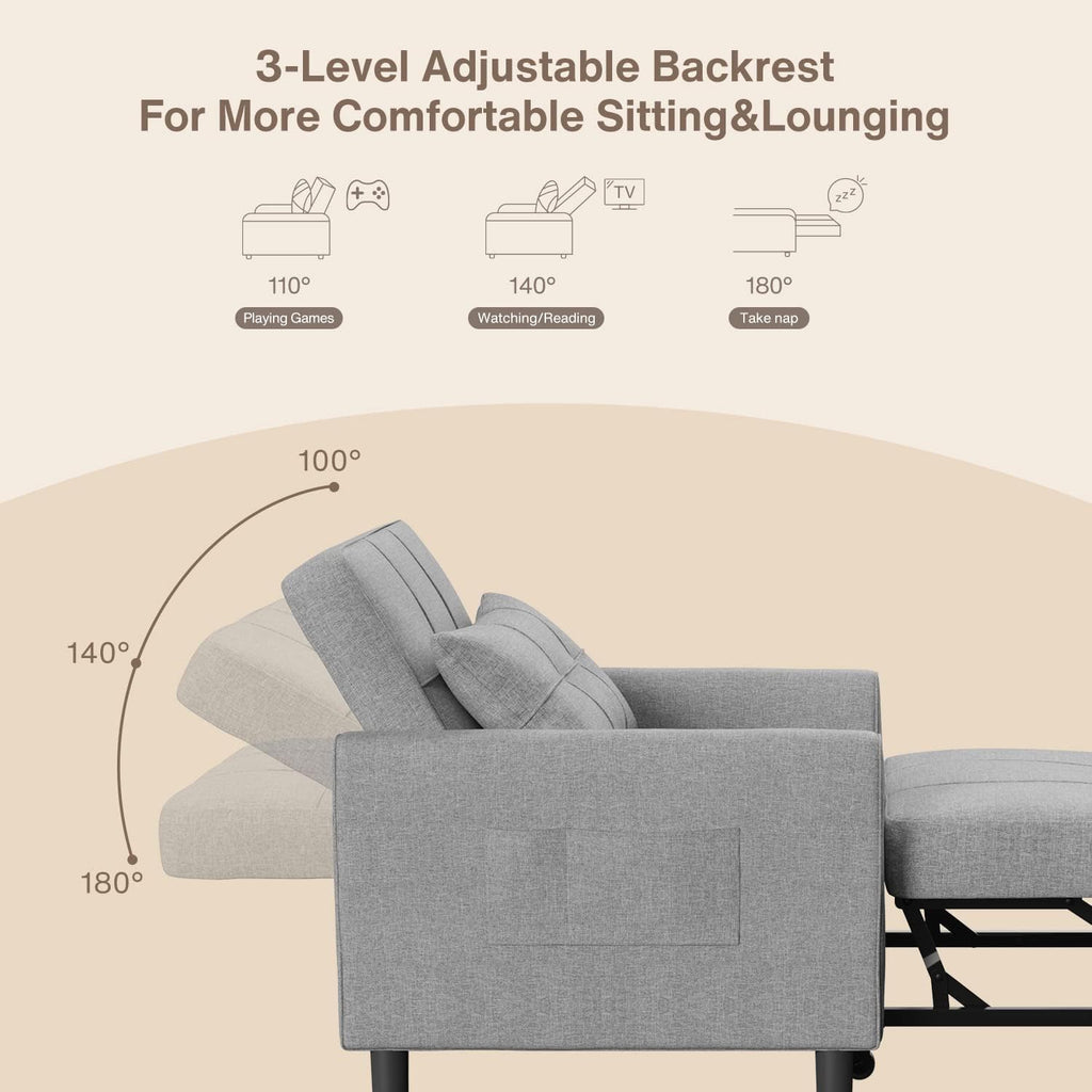 Aiho Convertible Sleeper Chair, 3-in-1 Sofa Bed with Adjustable Design, Pillow & Pocket - Pull Out Sleeper for Apartment, Light Gray