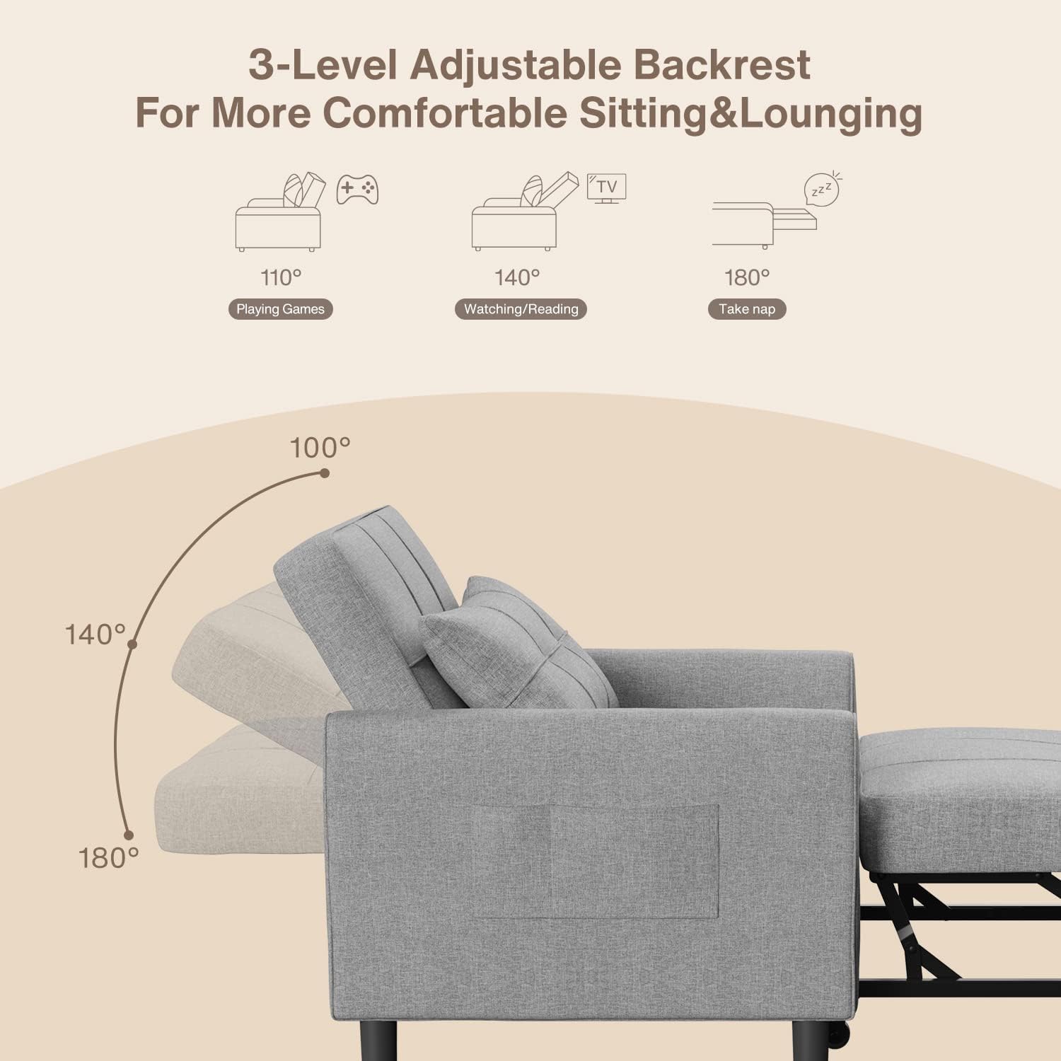 Aiho Convertible Sleeper Chair, 3-in-1 Sofa Bed with Adjustable Design, Pillow & Pocket - Pull Out Sleeper for Apartment, Light Gray