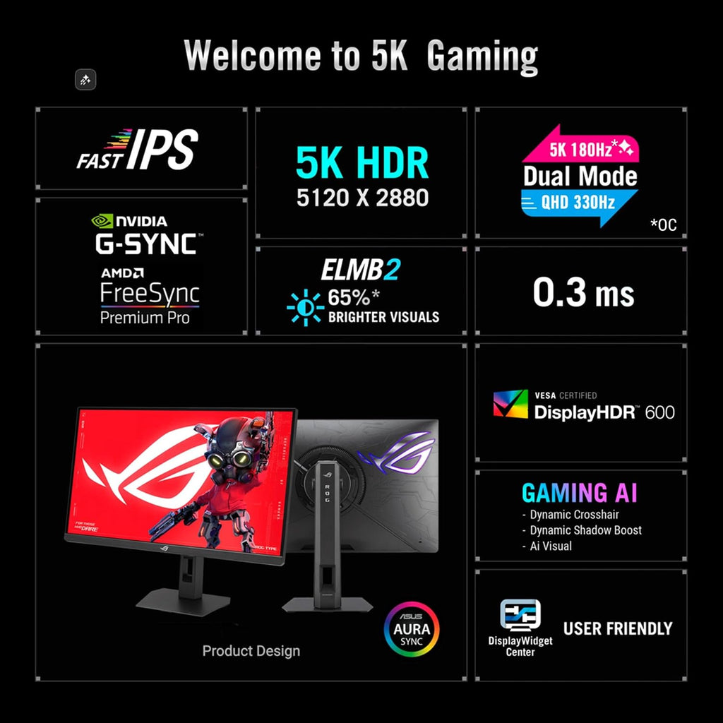 ASUS ROG Strix 27' 5K HDR Gaming Monitor (XG27JCG) – 5120x2880, 180Hz, 0.3ms, Fast IPS, Dual Mode (180Hz or QHD 330Hz), Extreme Low Motion Blur Sync, G-SYNC Compatible, DisplayWidget, 3 yr Warranty