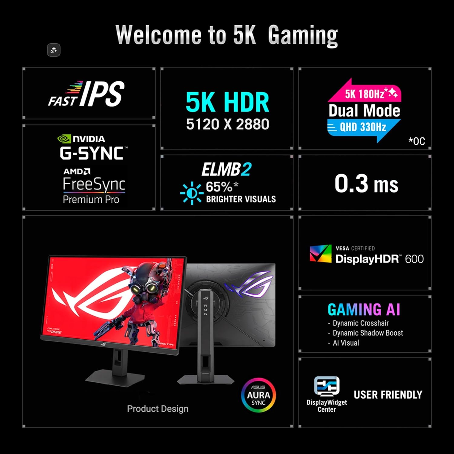 ASUS ROG Strix 27' 5K HDR Gaming Monitor (XG27JCG) – 5120x2880, 180Hz, 0.3ms, Fast IPS, Dual Mode (180Hz or QHD 330Hz), Extreme Low Motion Blur Sync, G-SYNC Compatible, DisplayWidget, 3 yr Warranty