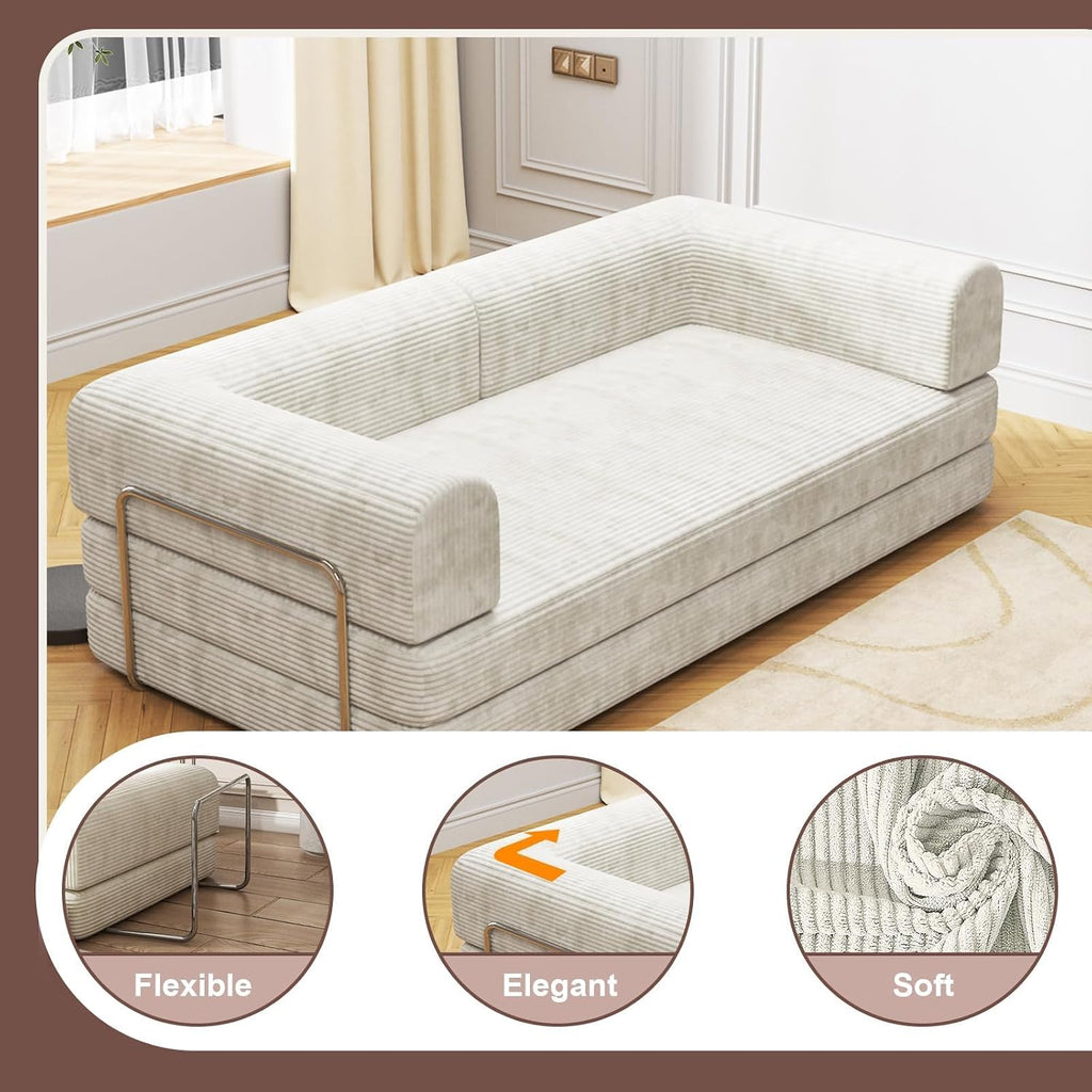 Convertible Corduroy Sleeper Sofa Bed,Folding Mattress Couch with Fixed-Shape Frame, 3 Seater Fold Out King Size Futon,No Assembly Floor Couch for Living Room Dorm Studio 78.7*39.4*29.6 Inch Beige
