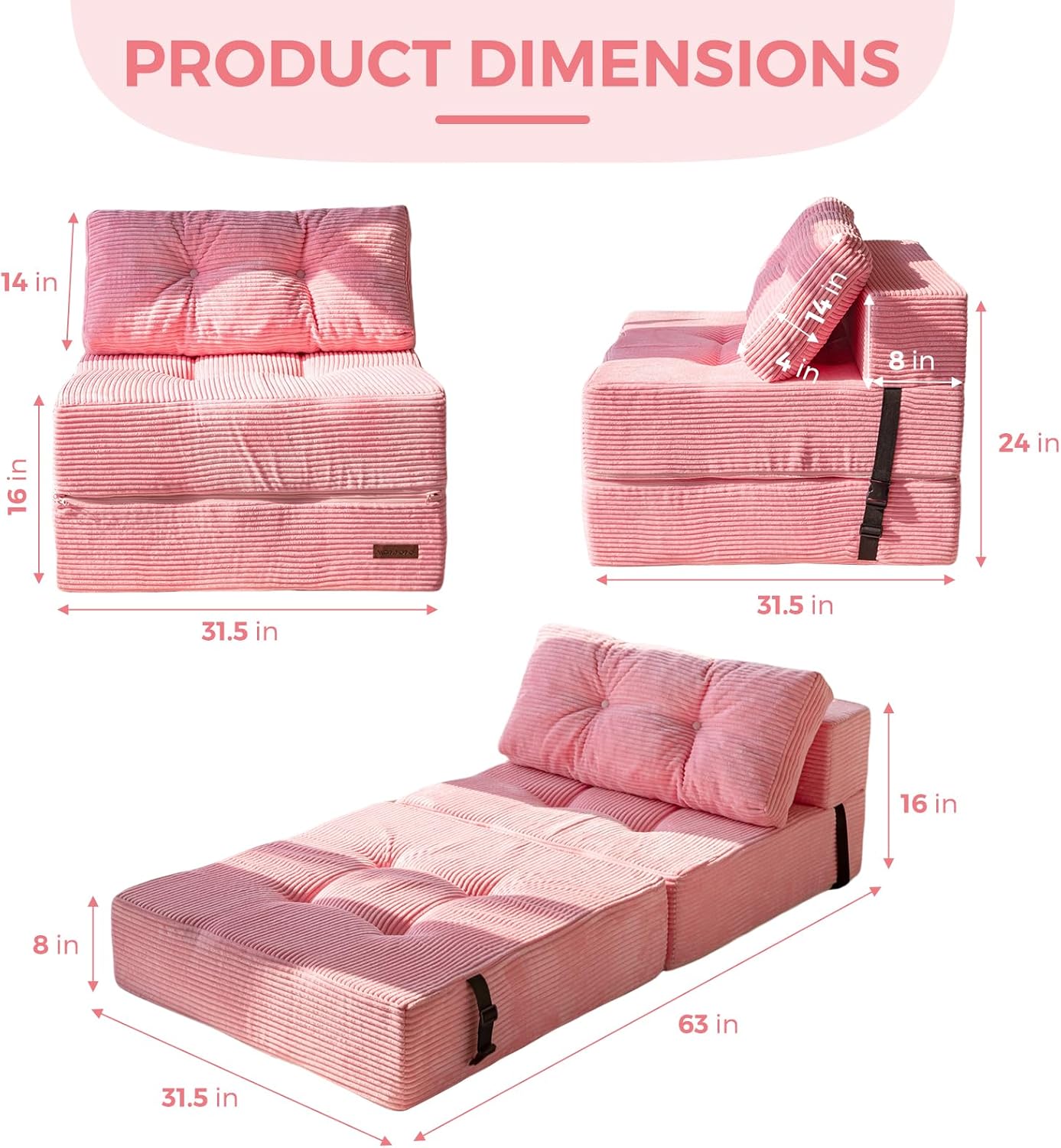 MAXYOYO Folding Sofa Bed, Convertible Sofa Bed with High-Density Support Foam, Portable 4 in 1 Fold Out Chair to Floor Lounger, Versatile Floor Couch for Living Room Bedroom, Pink