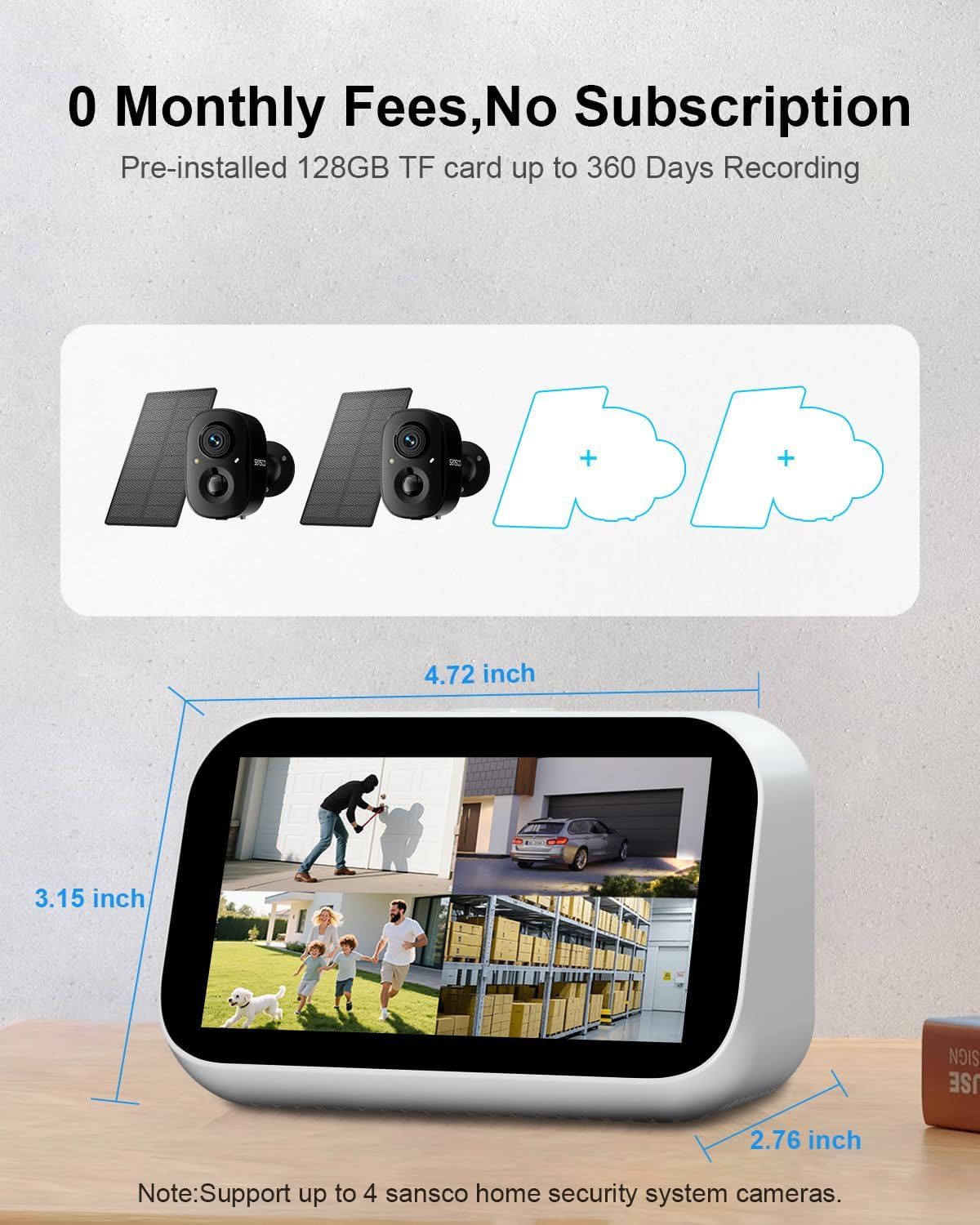 SANSCO 2K Wireless Security Cameras System, 4CH Touch Screen NVR, 2X Solar-Powered 4MP Outdoor Camera, No Subscription, Color Night Vision, 2 Ways Audio, 128G up to 360 Days Recording, 5G/2.4G WiFi