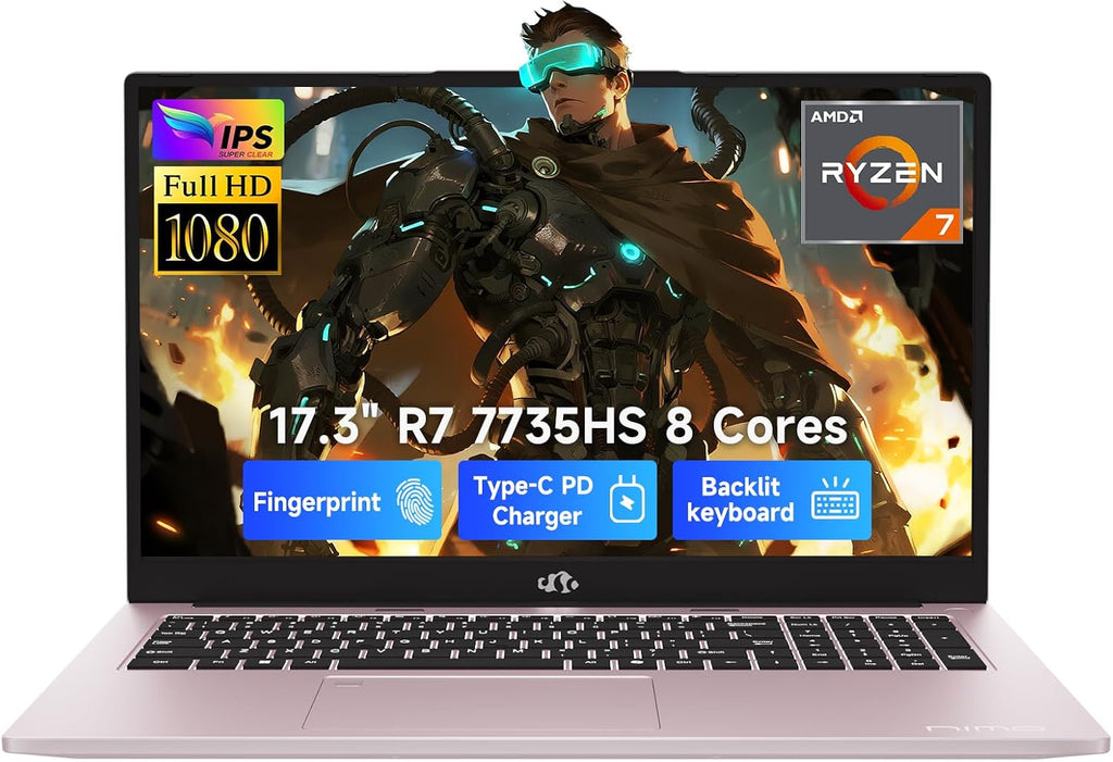 NIMO 17.3' FHD Gaming Laptop – AMD Ryzen 7 7735HS 8-Core/16-Thread, Radeon 680M Graphics, 64GB DDR5, 1TB NVMe SSD, Light Gaming & Esports Ready, Backlit Keyboard, Fingerprint Unlock, 100W PD Type-C
