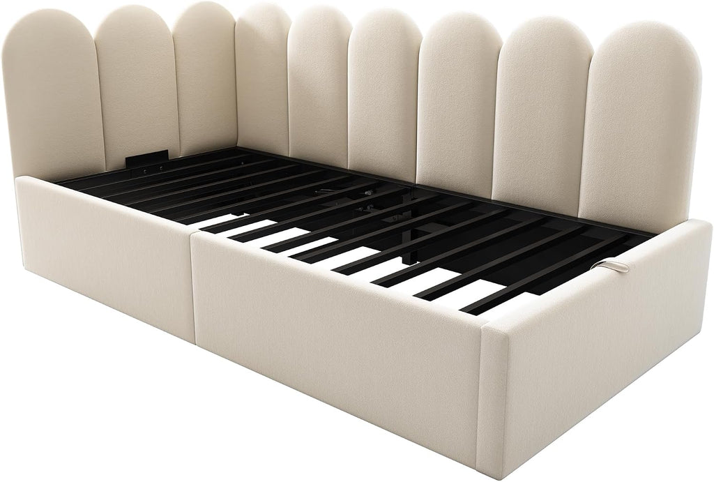 Merax Modern Upholstered Lift Up Sofa Day Bed with Headboard, Velvet Platform Bed Frame with Hydraulic Storage, No Box Spring Needed/Easy Assemble Twin, Beige