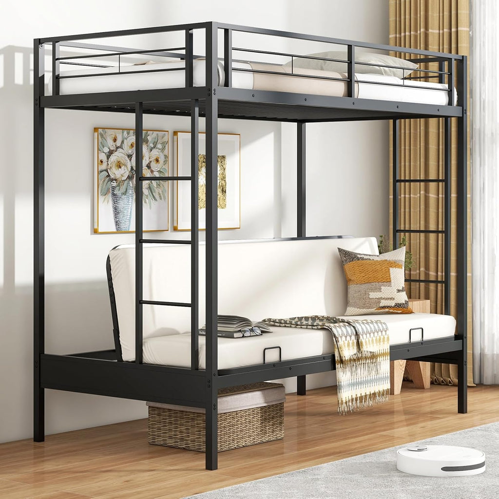 Giantex Twin Over Twin Futon Bunk Bed, Convertible Metal Bunk Bed with Futon Frame, 2 Ladders & Safety Guardrails, Heavy Duty Sofa Couch Beds with Under-Bed Space, for Kids, Teens, Adults, Black