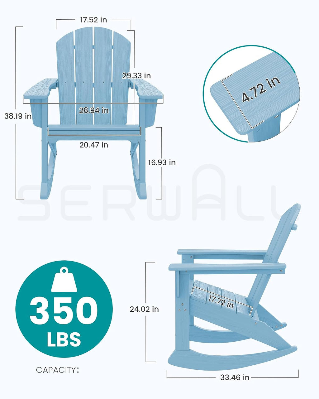 SERWALL Outdoor Adirondack Rocking Chair, All-Weather HDPE Adirondack Rocker Chair, Front Porch Rocker Chairs for Patio Lawn Porch Deck, Light Blue