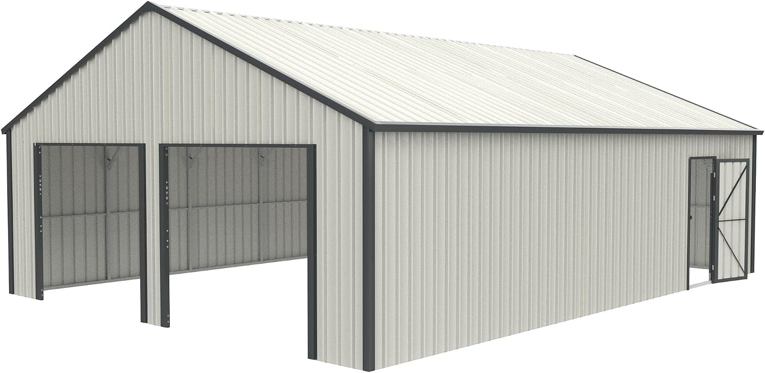 25 x 33 FT Metal Shed, Double Garage Shed with Side Entry Door, 2 Car Prefab Garage with 16 GA Steel Frame, Extra Large Outdoor Storage Building for Truck, Power Tools, Boat, Cream