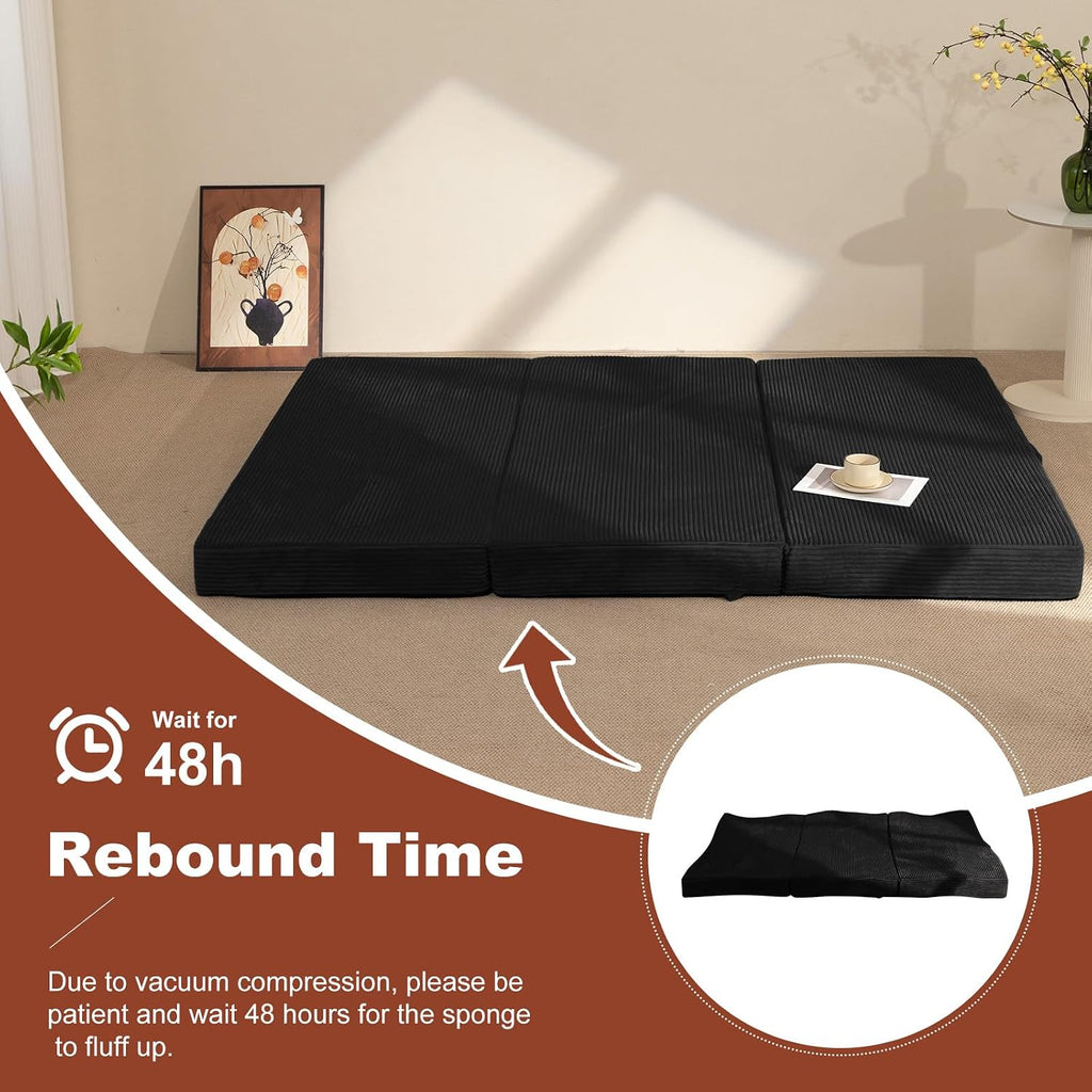 6-Inch Tri-Fold Foldable Mattress, Folding Sofa Bed with Removable Washable Cover, Portable Futon Mattress Full Size Floor Guest Mat with Non-Slip Bottom & Carry Handles for Camping (Black, Queen)