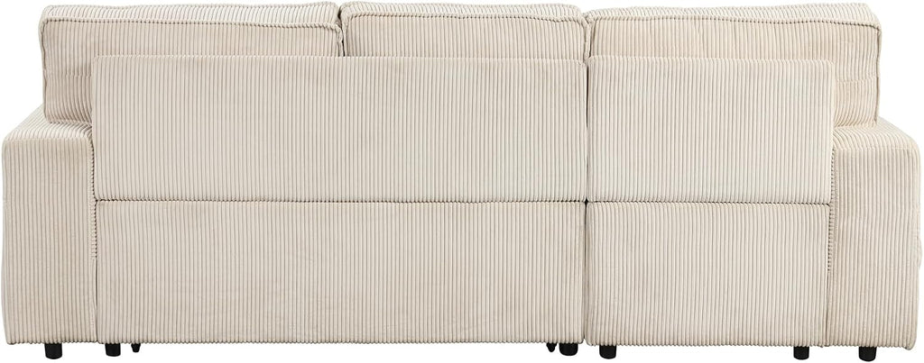 Sleeper Sofa, 96' Corduroy 2-in-1 Pull Out Sofa Bed, Convertible Sofa Bed Couch with Storage Chaise, L Shaped Sofa with Hidden Cup Holders, 3 Seater Sofa for Living Room, Apartments, Beige