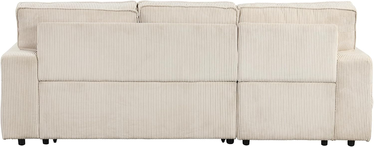 Sleeper Sofa, 96' Corduroy 2-in-1 Pull Out Sofa Bed, Convertible Sofa Bed Couch with Storage Chaise, L Shaped Sofa with Hidden Cup Holders, 3 Seater Sofa for Living Room, Apartments, Beige