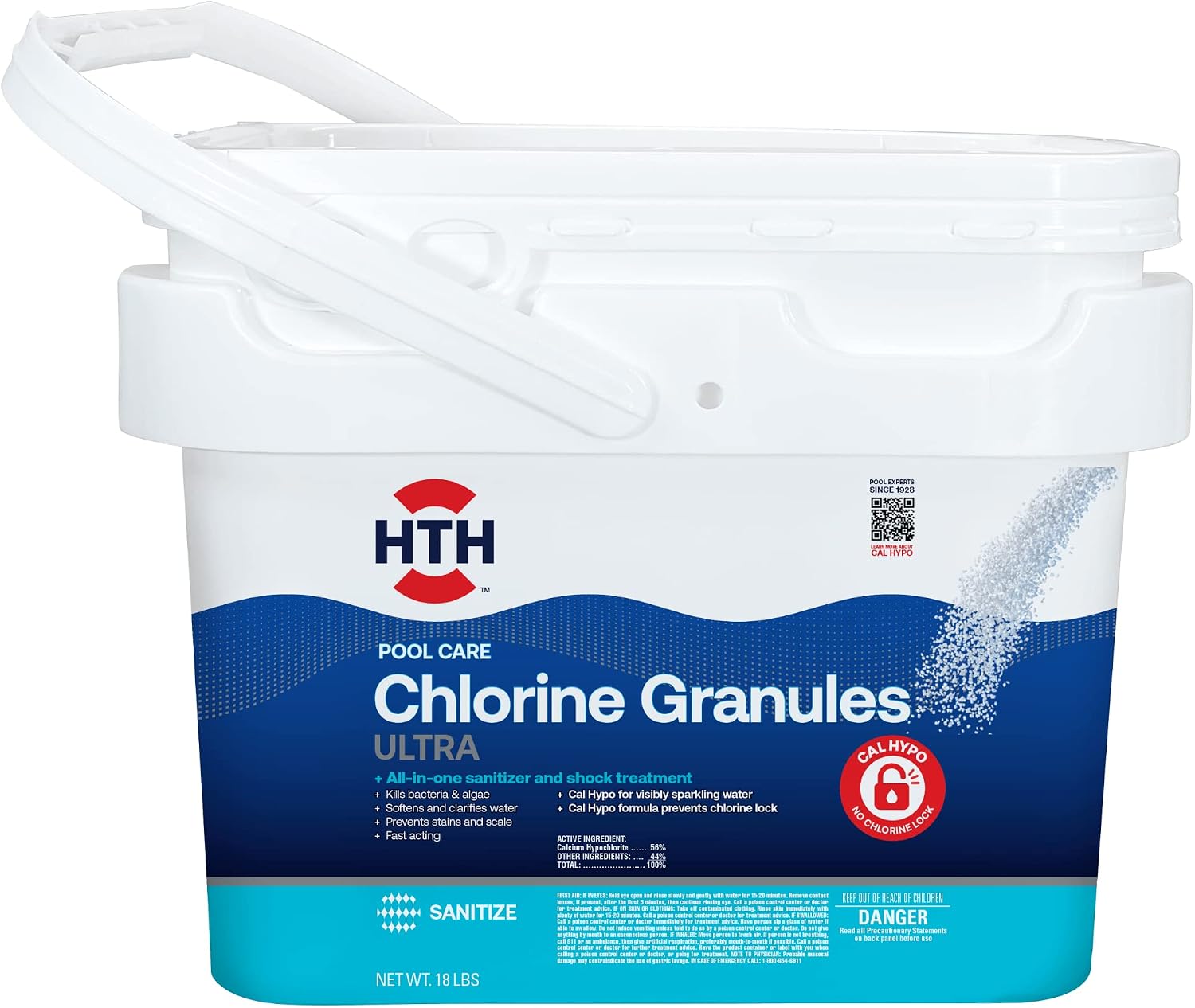 HTH Pool Care Chlorine Granules Ultra, Swimming Pool Chlorinating Sanitizer & Shock, Kills Bacteria & Algae, 18 lbs