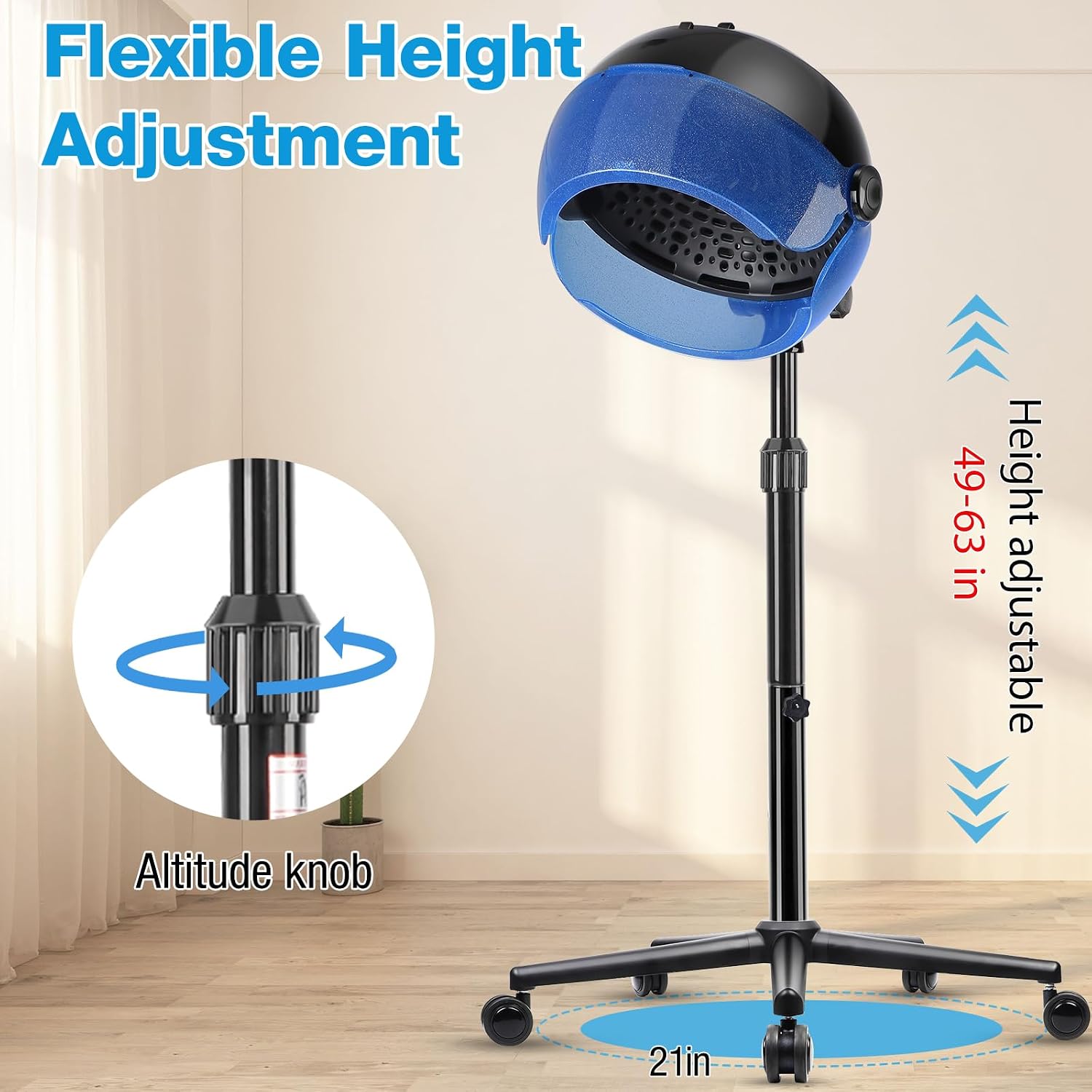Hooded Hair Dryer, 1500W Standing Hair Dryer with Time Settings, Touch Controls and 3 Temperature Modes, Height Adjustable Ionic Hooded Dryer, Professional Hooded Dryer for Home or Salon Use