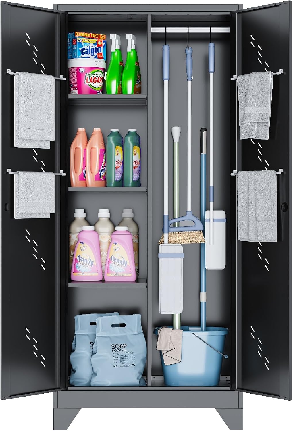 Metal Storage Cabinet, Large Tool Cabinets with Lockable Doors, 71' Kitchen Pantry, Tall Garage Storage with Hanging Rod. Utility Closet for Office, Garage, Laundry Room