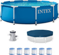 INTEX Pool Metal Frame 10'x30' Round Outdoor Swimming Pool Set with 330 GPH Filter Pump, Pool Cover, and Type H Filter Cartridge Replacements (6 pack)