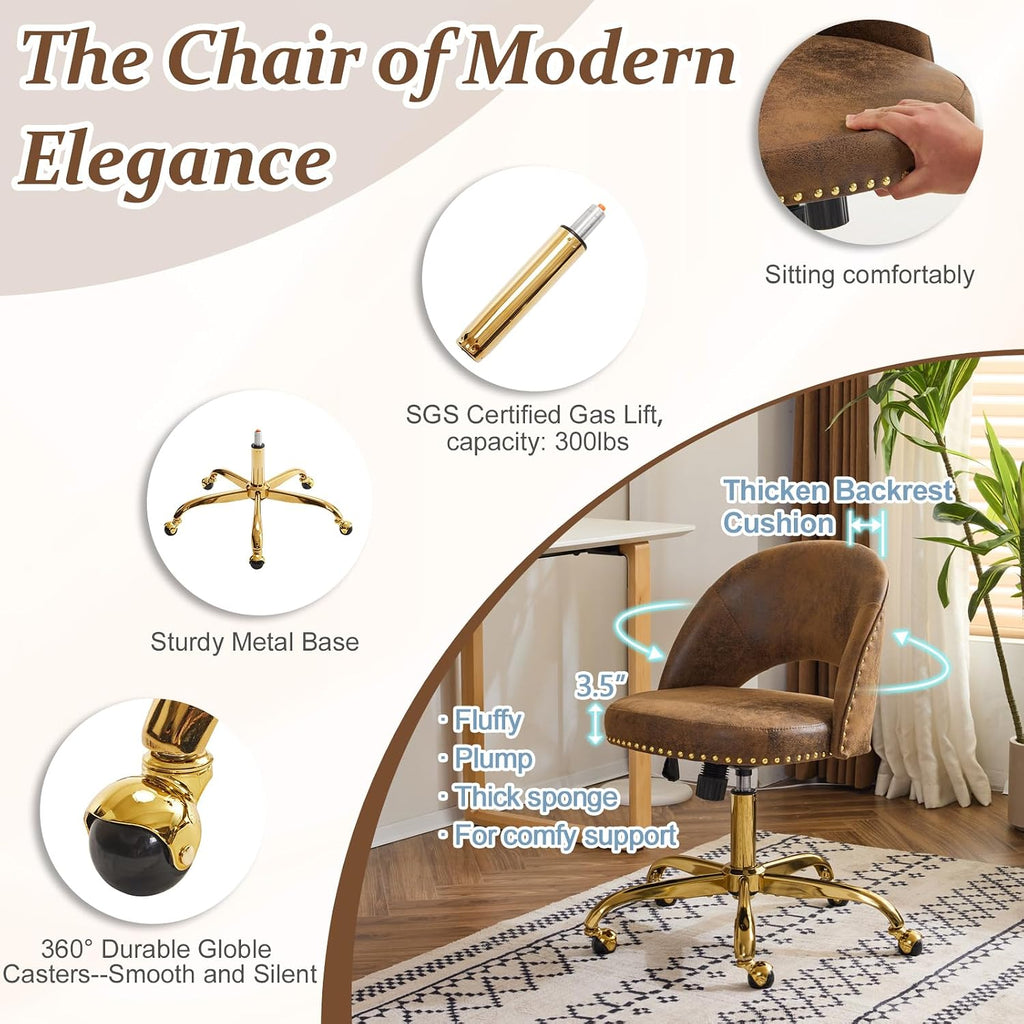 VINGLI Modern Velvet Small Office Chair,Cute Desk Chair with Wheels,Gold Base/Studs, Comfy Armless Swivel Vanity Task Chair for Women/Girl/Kids, Nail Tech Chair for Bedroom,Small Space,Rustic